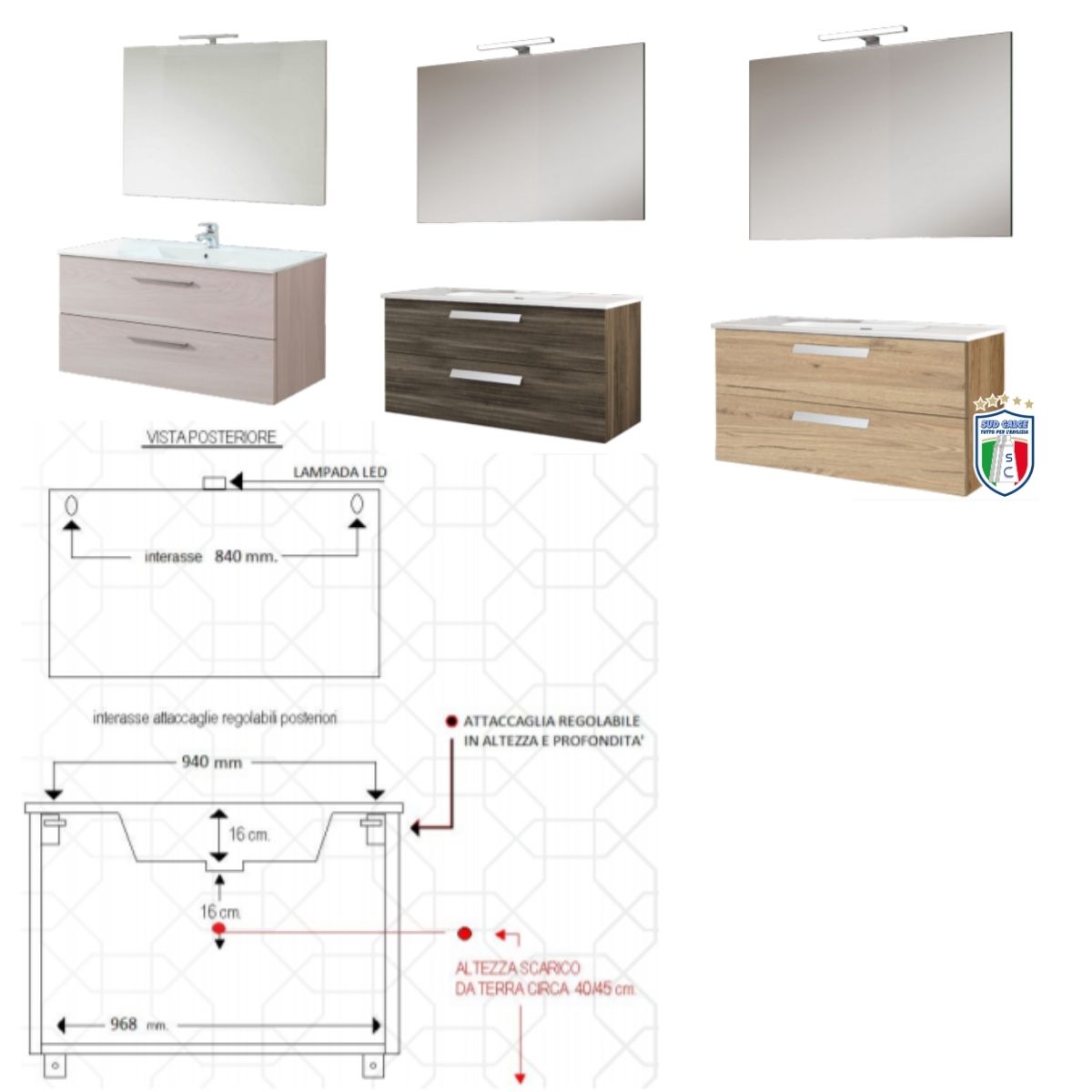 Mobile Arredo bagno sospeso VALERIA105 specchiera+lavabo in ceramica 3 colori - immagine 3
